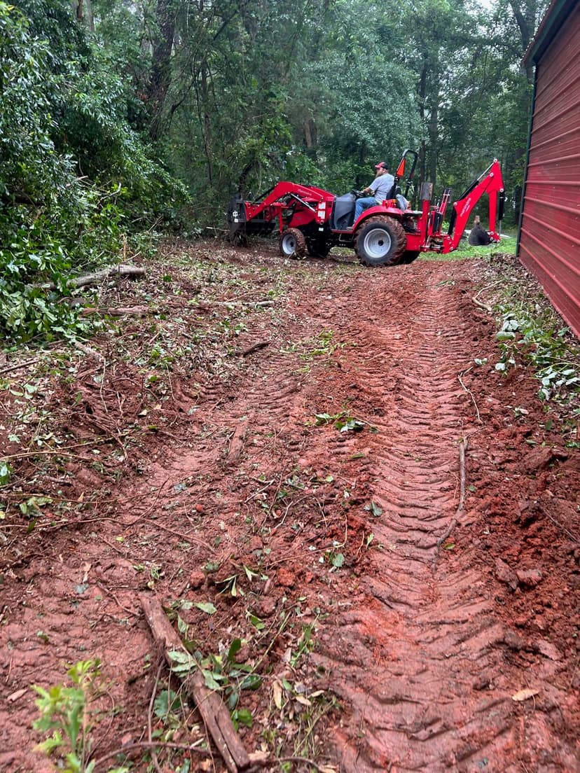 Tractor clearing overgrown land with trails, surrounded by trees and foliage.